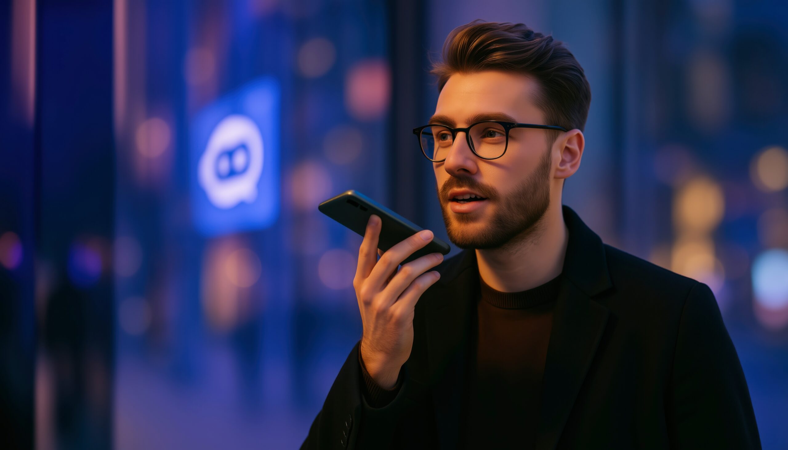 Asian man speaking to virtual assistant, chatting AI chatbot app on smartphone against illuminated digital display. AI, innovation and technology. Large Language Model. Copy Space. Background.